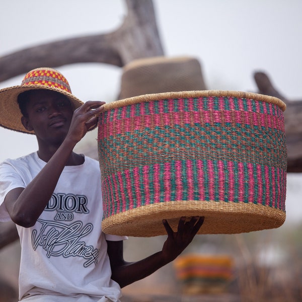 Large Colorful Woven Storage Basket, Floor Basket, Handmade Basket, Bolga Basket, African Woven Basket, Natural Basket