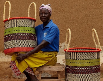Handwoven Elephant Grass Laundry Basket with Handles - Large Boho Hamper