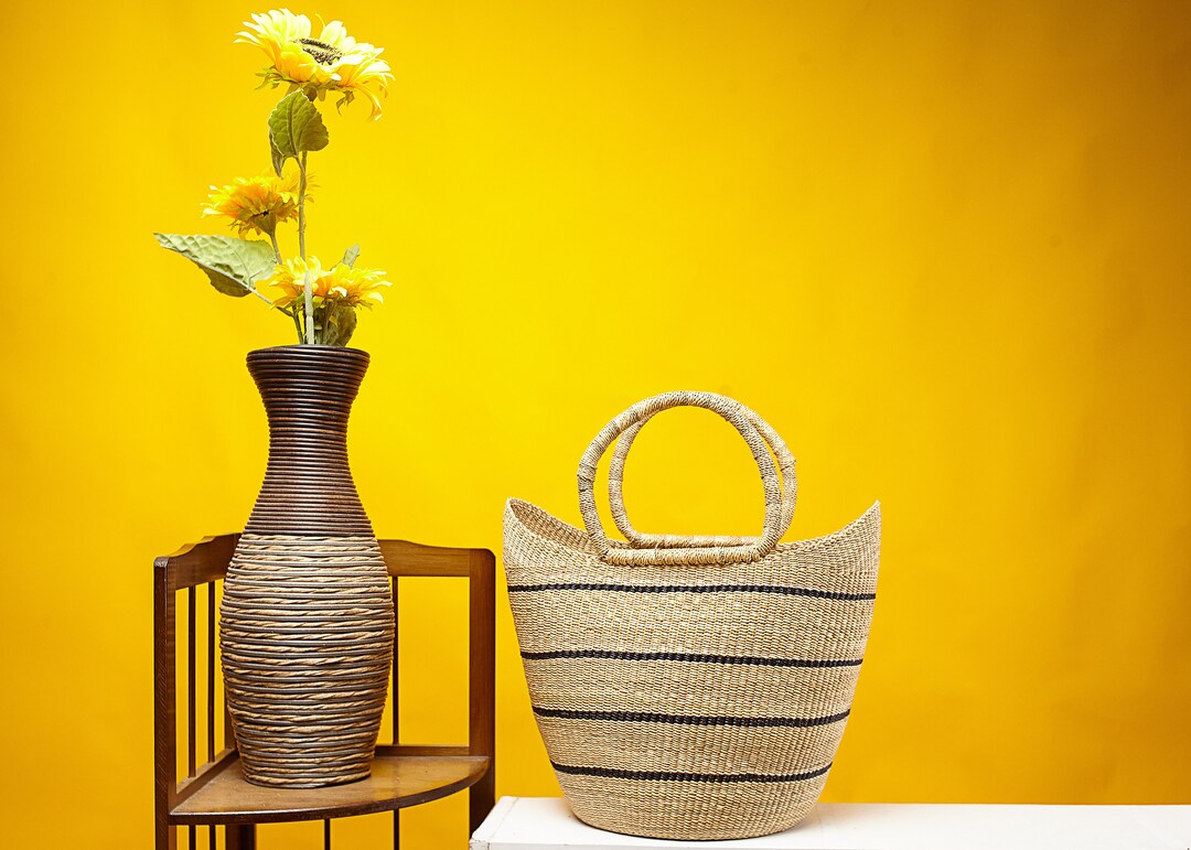 Shopper Bag, Woven Market Basket Bag With Leather Handles, Shopping and