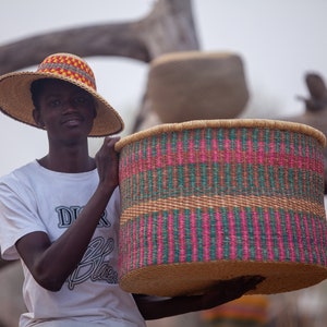 Large Colorful Woven Storage Basket, Floor Basket, Handmade Basket, Bolga Basket, African Woven Basket, Natural Basket image 1