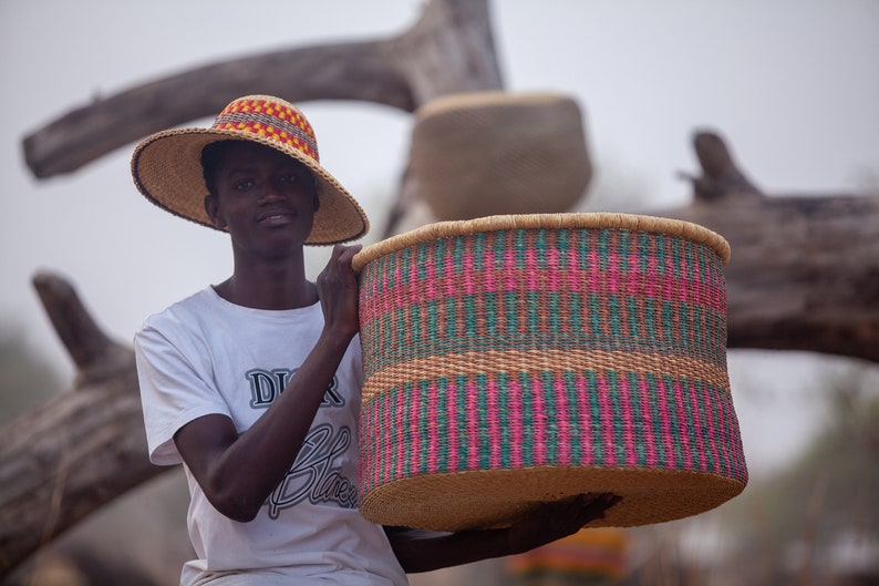 Large Colorful Woven Storage Basket, Floor Basket, Handmade Basket, Bolga Basket, African Woven Basket, Natural Basket image 1