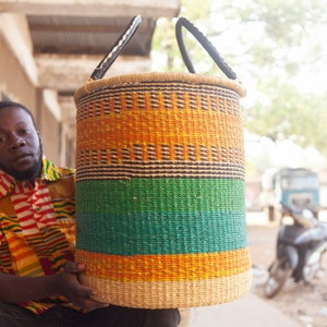 Handwoven Laundry Hamper: Large African Grass Basket with Leather Handles