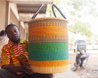 Handwoven Laundry Hamper: Large African Grass Basket with Leather Handles