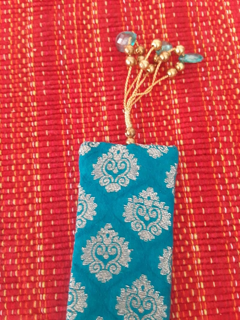 Bookmarks blue gifts Silk Woven bead tassles with beaded gold Etsy