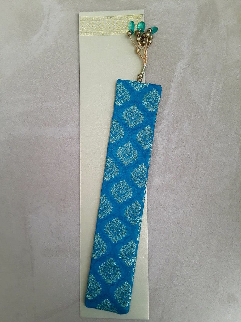 Bookmarks blue gifts Silk Woven bead tassles with beaded gold Etsy