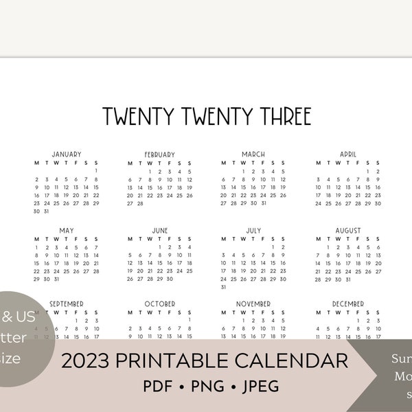 Horizontal Year at a Glance 2023 Printed Calendar Etsy New Zealand
