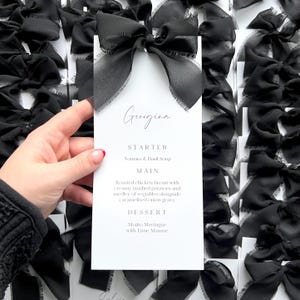Poppy Wedding Menu Place Card: Black Faux Frayed Chiffon Ribbon