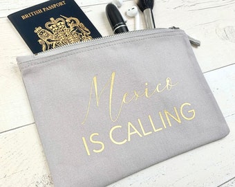Mexico Is Calling Travel Makeup Bag // Canvas Cosmetic Bag // Travel Make Up Pouch // Travel Birthday Gift For Her // Passport Bag
