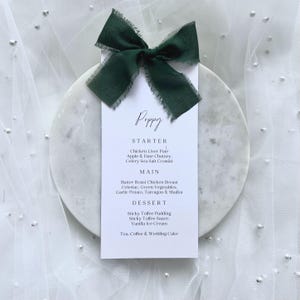 Bow Wedding Menu Place Cards With Dark Green Ribbon, Poppy Design, Personalised Menu Setting, Frayed Edge Chiffon Ribbon, Wedding Breakfast