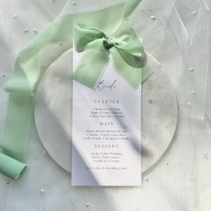 Bow Wedding Menu Place Cards With Green Ribbon, Poppy Design, Personalised Menu Setting, Frayed Edge Chiffon Ribbon, Wedding Breakfast Card