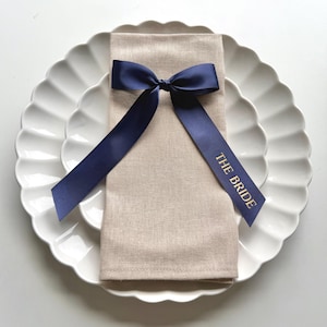 Personalised PRE-TIED Navy Satin Bow Place Cards: Custom Wedding Ribbon