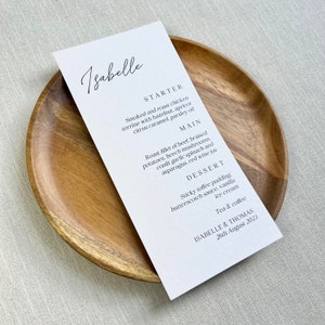 Wedding Menu Place Cards, Isabelle, Personalised Wedding Menu, Minimalist Classic, Modern Printed Wedding Breakfast, Reception Menu Sample