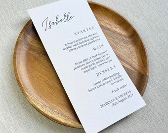 Wedding Menu Place Cards, Isabelle, Personalised Wedding Menu, Minimalist Classic, Modern Printed Wedding Breakfast, Reception Menu Sample