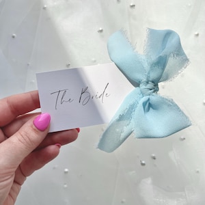 Poppy Wedding Place Cards: Blue Frayed Faux Chiffon Ribbon, Printed Name Cards
