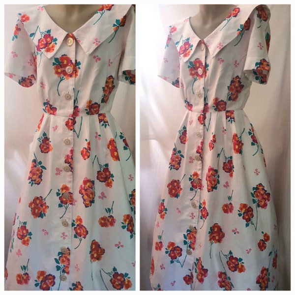 1980s does 1940s geranium print cotton dress on Liz Claiborne label. Waist 26"