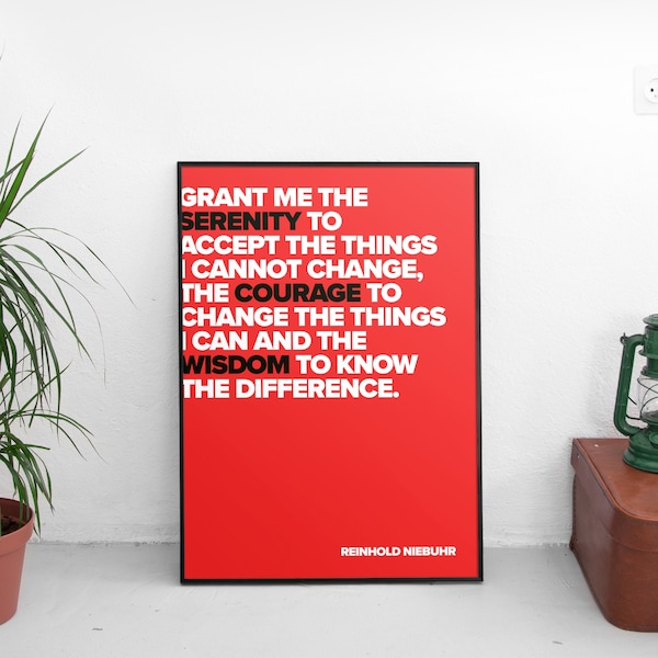 Serenity Prayer Poster, Mindfulness Wall Art Prints, Quote Poster by Reinhold Niebuhr Typography