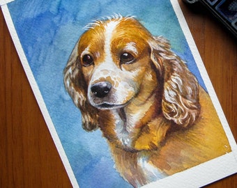 Dog portrait commission painting from photo Cavalier King Charles Spaniel, Hand painted pet watercolor.