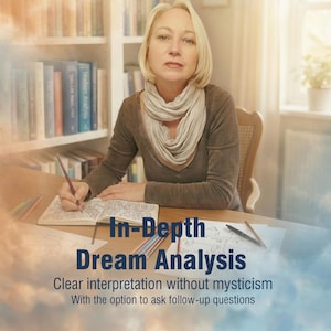 May include: An image promoting "In-Depth Dream Analysis." A woman sits at a desk, writing in a notebook. The text on the image reads "Clear interpretation without mysticism" and "With the option to ask follow-up questions."