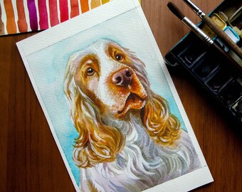 Custom pet painting from photo Cocker Spaniel, Handmade watercolor dog portrait.