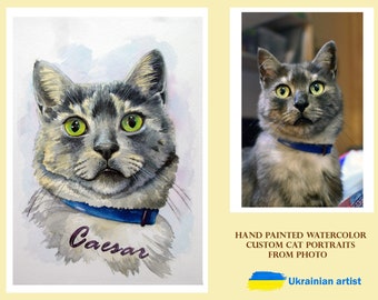 Custom cat painting watercolor original, Pet Sympathy Gift.