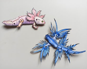 Paper dolls articulated Axolotl and Blue Dragon Sea Slug, SET of 2 assembled paper puppets.