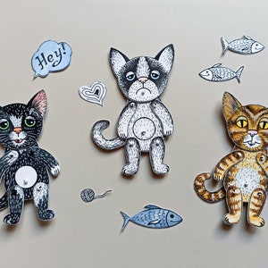 Paper dolls articulated Cat, SET of 3 assembled paper puppets. image 2