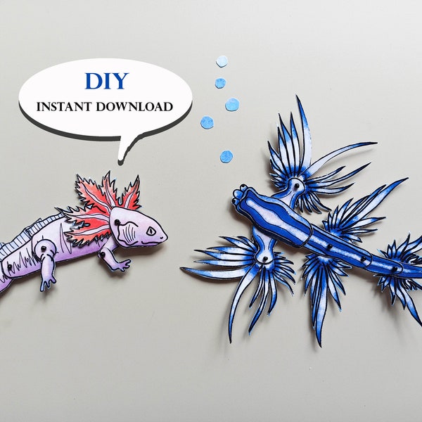 Articulated doll Axolotl and Blue Dragon Sea Slug, Glaucus Atlanticus digital paper dolls, Ocean nursery digital file ukraine.