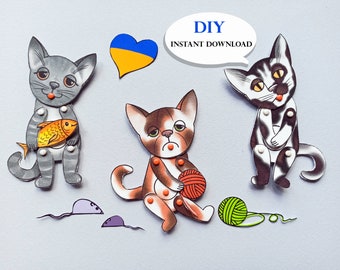 Poupée articulée de chat en papier, poupées en papier numérique, Cat Printable, Ukraine téléchargement numérique pdf.