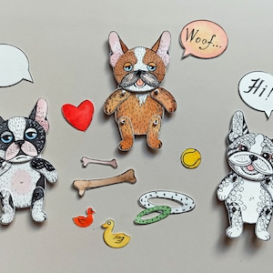 Paper dolls articulated French Bulldog, SET of 3 assembled paper puppets.
