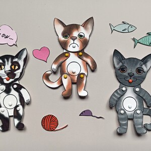 Paper dolls articulated Cat, SET of 3 assembled paper puppets. digital painted #2