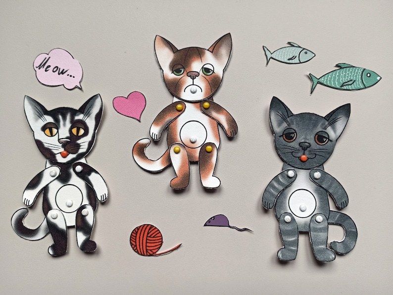 Paper dolls articulated Cat, SET of 3 assembled paper puppets. digital painted #2