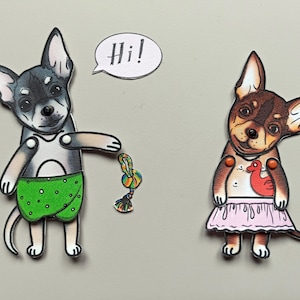 Articulated paper doll dog Chihuahua, SET of 2 assembled paper puppets.