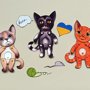 Paper dolls articulated Cat, SET of 3 assembled paper puppets. digital painted #3