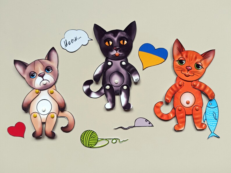 Paper dolls articulated Cat, SET of 3 assembled paper puppets. digital painted #3