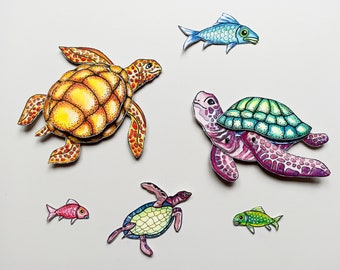 Articulated Animals Sea turtle , SET of 2 Paper dolls assembled.