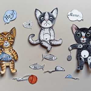 Paper dolls articulated Cat, SET of 3 assembled paper puppets. hand painted #1
