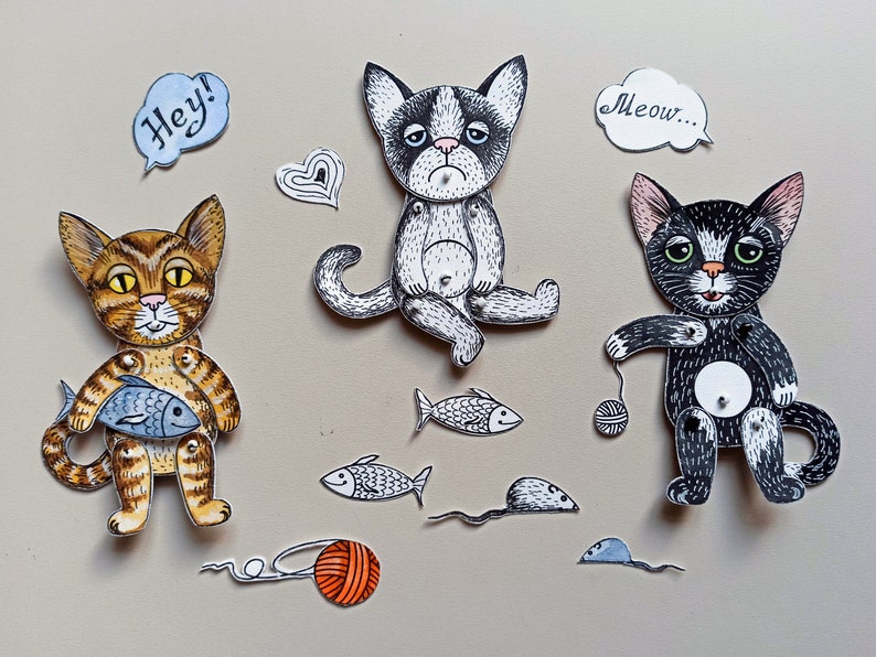 Paper dolls articulated Cat, SET of 3 assembled paper puppets. hand painted #1