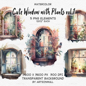 Cute Windows with Plants Clipart, Arched windows, Cottage windows, watercolor, Chic, Instant Download, PNG
