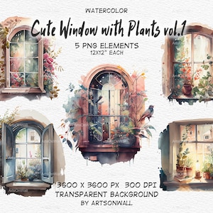 Cute Windows with Plants Clipart, Arched windows, Cottage windows, watercolor, Chic, Instant Download, PNG