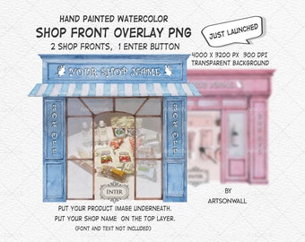 May include: A watercolor illustration of a blue shop front with a white awning and a sign that says "YOUR SHOP NAME". The shop window displays products and a sign that says "30% OFF". There is an "ENTER" button on the door. The image is 4000 x 3200 pixels and 300 DPI.
