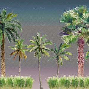 May include: Watercolor painting of a row of palm trees with green leaves against a gradient background of blue, purple, and gray. The trees are in front of a row of green grass.