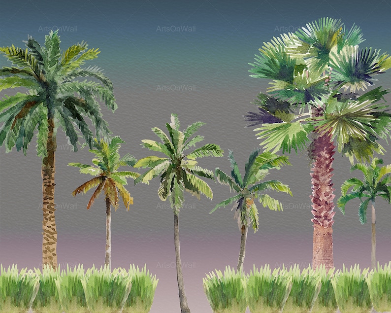 May include: Watercolor painting of a row of palm trees with green leaves against a gradient background of blue, purple, and gray. The trees are in front of a row of green grass.