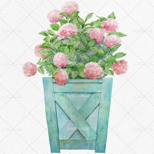 Puede incluir: Una pintura de acuarela de una maceta con flores rosas. La maceta es de color azul claro con un dise&ntilde;o de madera. Las flores est&aacute;n en flor y tienen un aspecto suave y delicado.