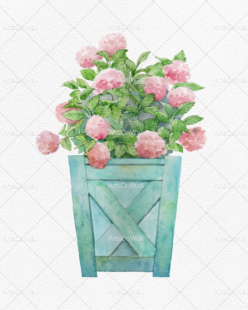 Puede incluir: Una pintura de acuarela de una maceta con flores rosas. La maceta es de color azul claro con un dise&ntilde;o de madera. Las flores est&aacute;n en flor y tienen un aspecto suave y delicado.
