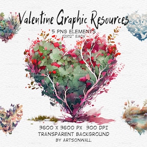 Recursos gráficos de acuarela para San Valentín, imágenes prediseñadas, pinturas de plantas, amantes de la naturaleza, hermosos adornos para tarjetas, fondo transparente, imágenes de diario, PNG