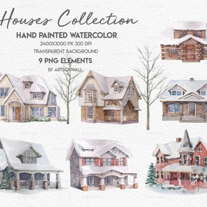 Clipart de casas em aquarela, pintado à mão, ilustração de casa, casa de inverno, aquarela de casa, árvores de inverno, chalé, imagens de diário, PNG