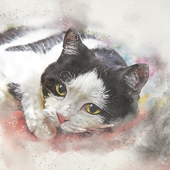 Retrato de gato personalizado, pintura de la foto, acuarela, monumento del animal doméstico, amante del gato, retrato del gato conmemorativo, regalo del día del padre, mensajes conmemorativos