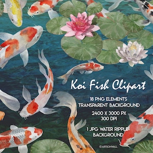 Imágenes prediseñadas de pez koi, acuarela pintada a mano, carpa elegante, loto, estanque, Feng Shui, nenúfar, jardín acuático, álbum de recortes, PNG