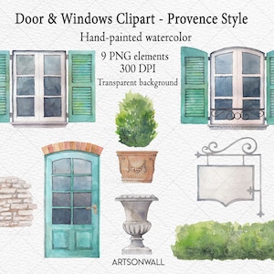 Clipart porte e finestre, acquerello dipinto a mano, stile provenzale, sfondo trasparente, cespugli, urna, vaso di terracotta, download immediato, PNG