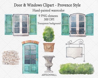 Door Windows Clipart, Hand painted Watercolor, Provence style, Transparent Background, Bushes, Urn, Terracotta pot, Instant Download, PNG